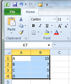 Excel data selected