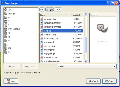GIMP open dialog box