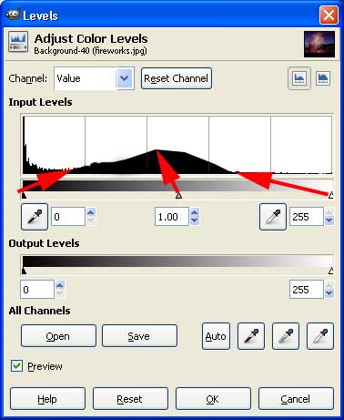 the GIMP color levels dialog