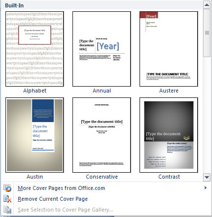 Word Cover page options