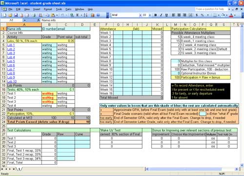 Screen shot of grade spreadsheet